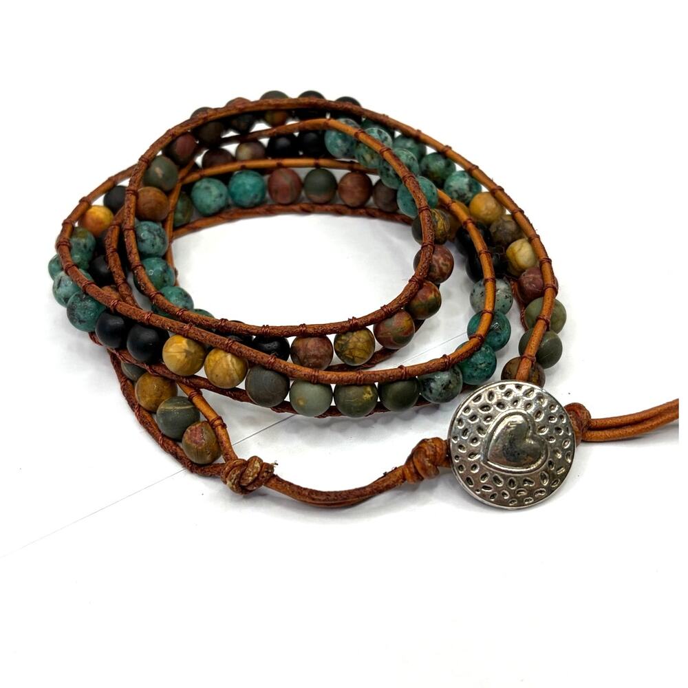 Natural Stone Wrap Bracelet Button Closure Boho Earthy Layering